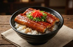 Grilled Japanese eel glazed with sweet savory sauce, served over a warm bowl of steamed rice.