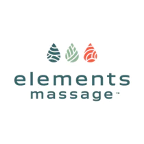 Elements Massage's logo with three stylized shapes above in dark green, sage, and coral
