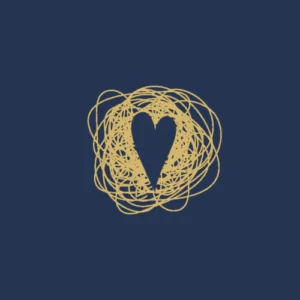 Gold scribbles on a dark blue background reveal a heart shape left in the negative space in the middle