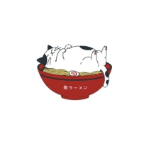 An illustration of a cat sleeping in a ramen bowl