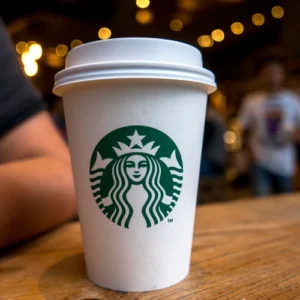 A Starbucks coffee cup on a wooden table